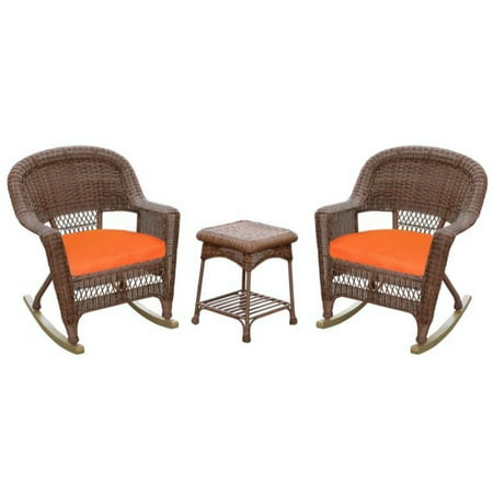 3-Piece Honey Wicker Outdoor Patio Rocker Chairs & End Table Set - Orange Cushions