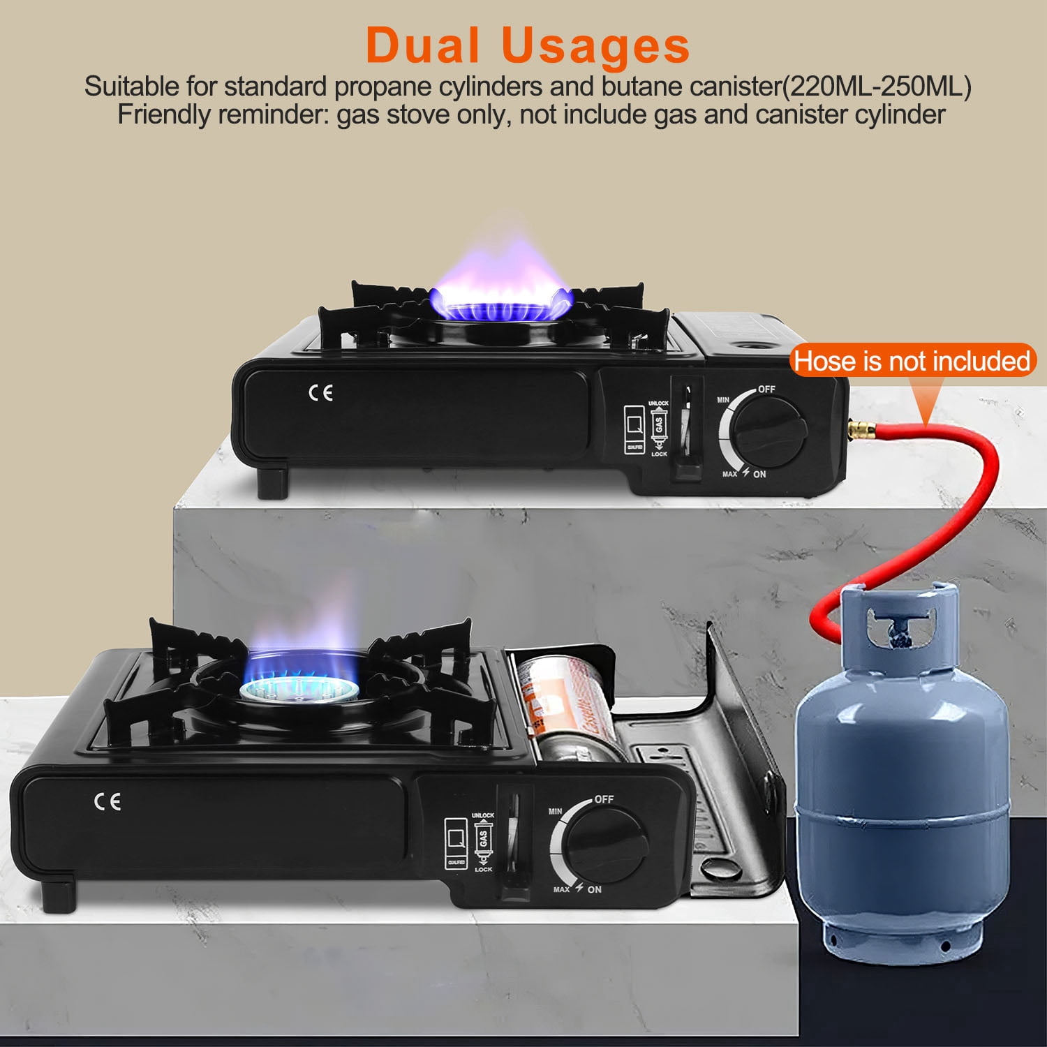 3300W Portable Dual Fuel Gas Stove, Piezo Electric Ignition Butane/Propane Camp Stove with Safety Auto-Eject, Lightweight with Storage Case for Camping, Outdoor Cooking