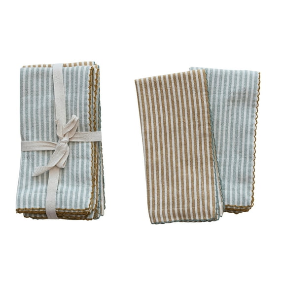 Creative Co-Op Square Cotton Napkins with Scalloped Edge and Stripes, Set of 4, 2 Colors