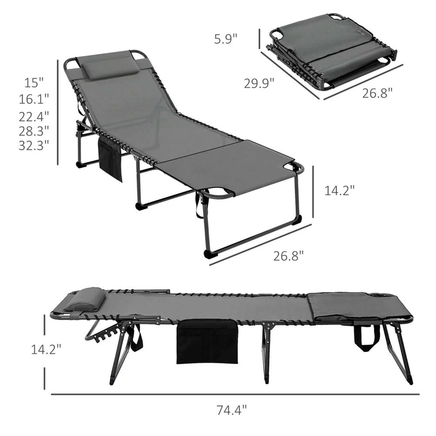 Demi Bonn Outdoor Folding Chaise Lounger with 5-Position Reclining, Built-in Reading Grommet, Side Storage, Pillow Relaxation for Sunbathing, Gray