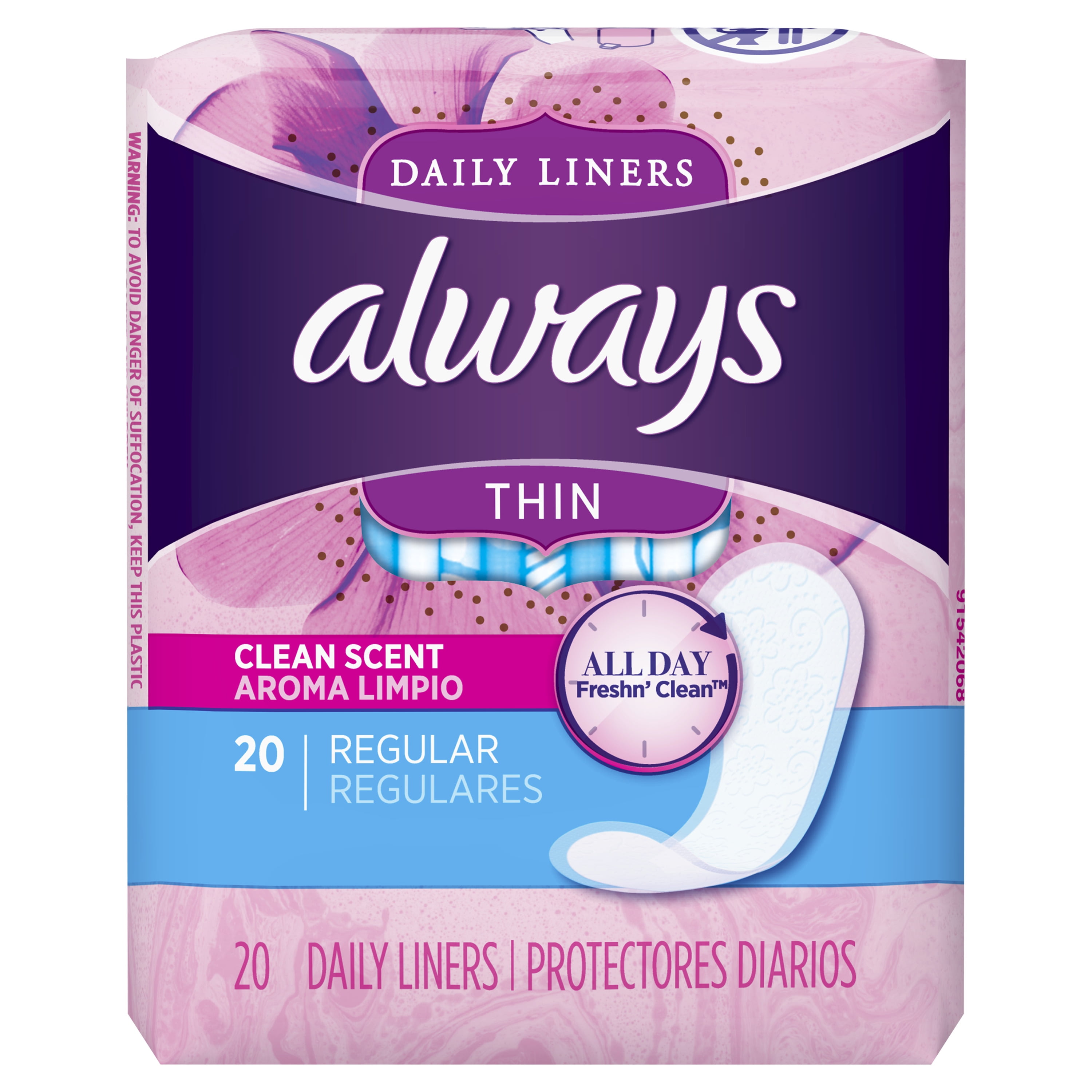 Always Thin Daily Liners, 20 Count, Clean Scent, Wrapped, Regular