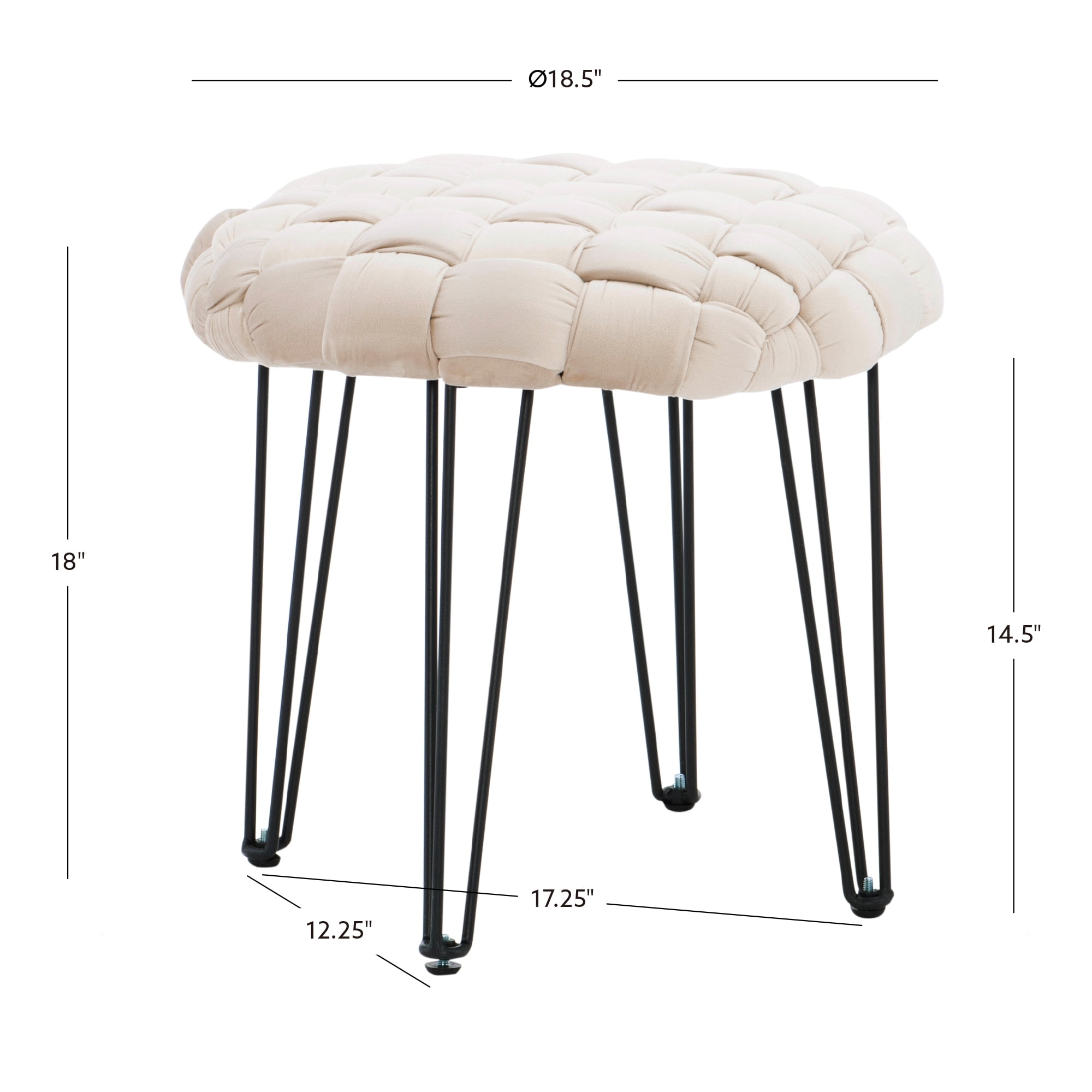 Powell Anya Round Handwoven Velvet Ottoman with Hairpin Legs, Cream
