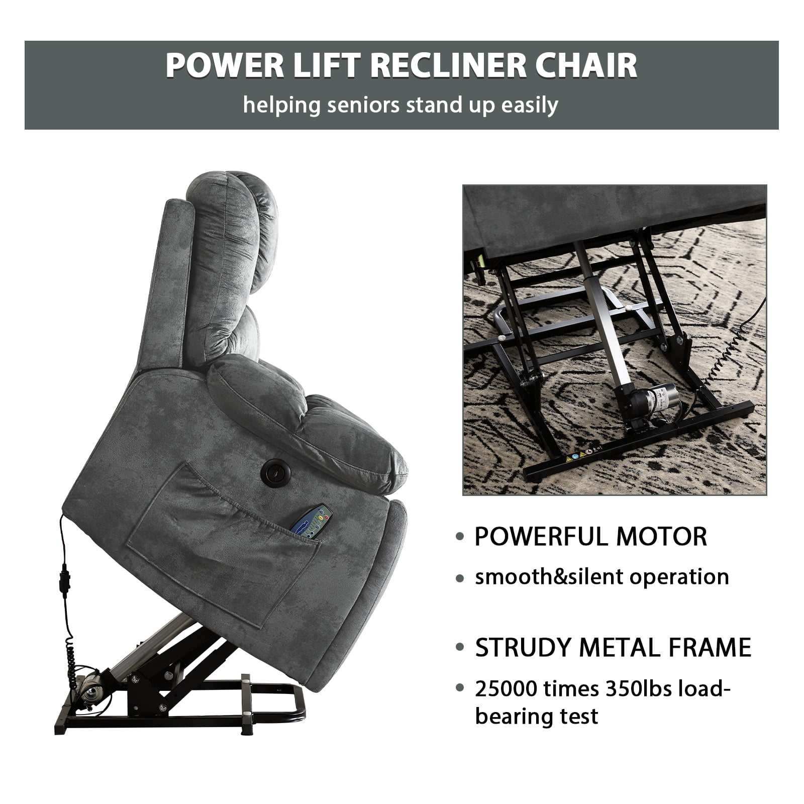 Bonzy Home Power Lift Recliner,Elderly Lift Chair with Heat Therapy and Massage Function,Remote Control,Side Pocket,Living Room, Gray