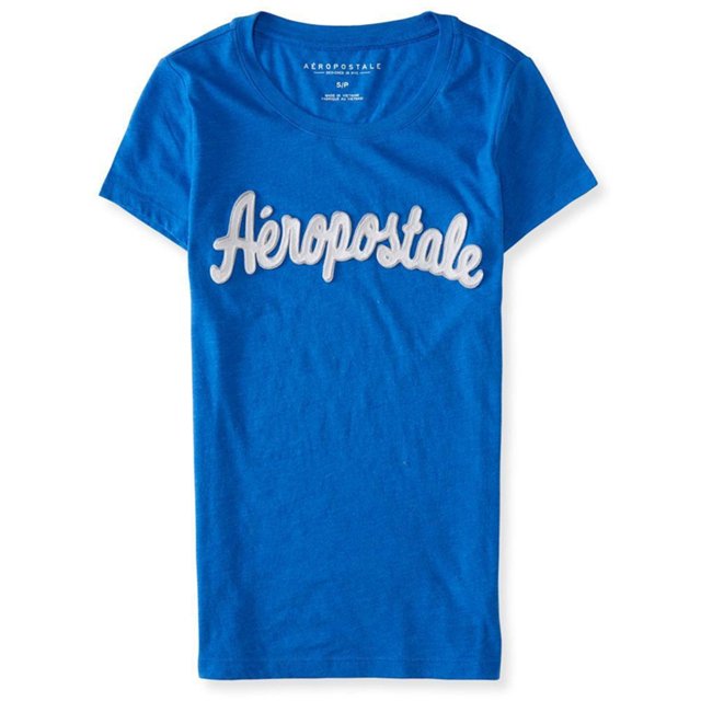 Aeropostale - Playera adornada con texto para mujer, azul, pequeña Aeropostale Camiseta adornada