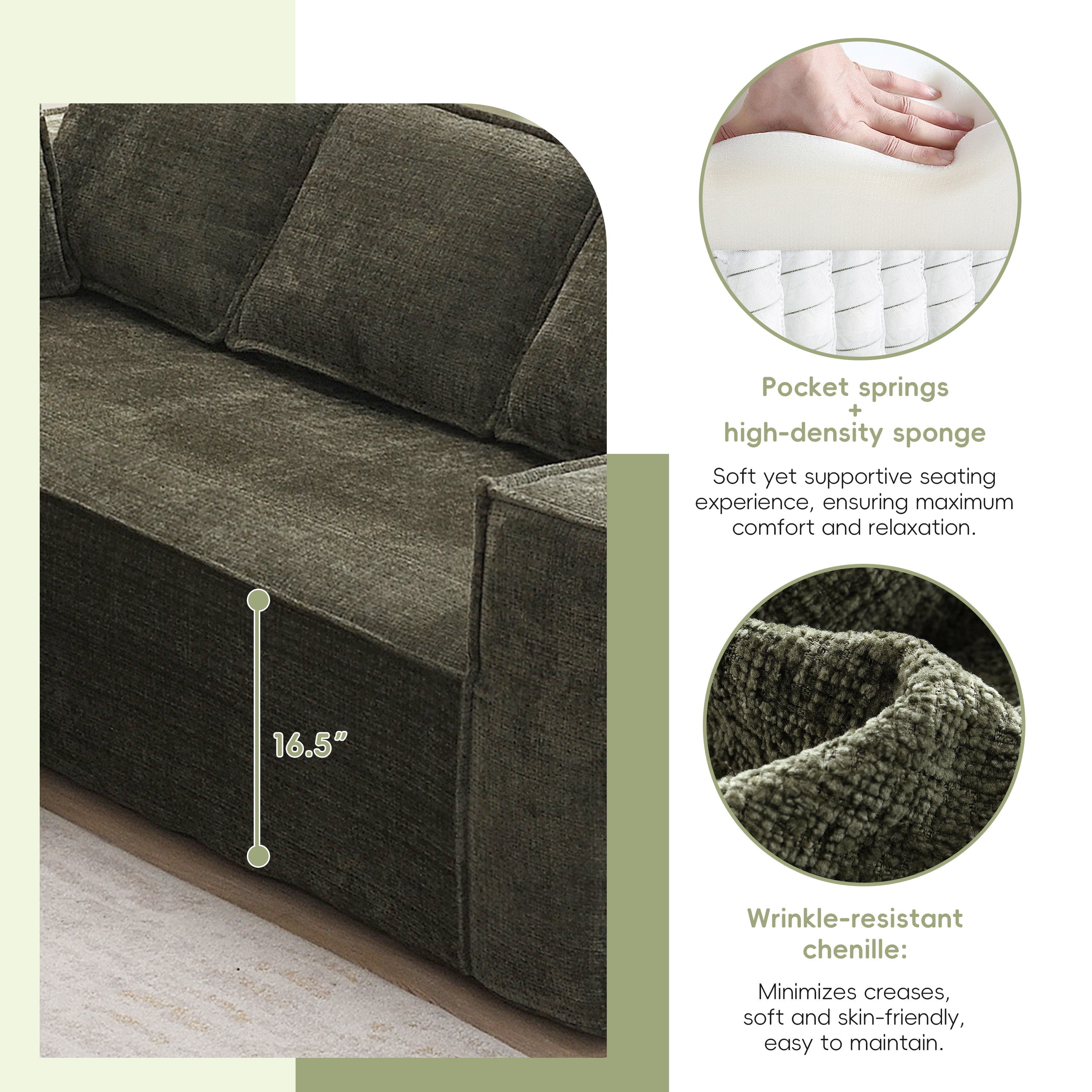Sectional Sofa, Modular Couch, L-Shaped Fully Compressed No Frame, Ultra-Thick Wrinkle-Resistant Chenille Fabric with Pocket Spring Seat for Living Room, 129.5 Inch, Green