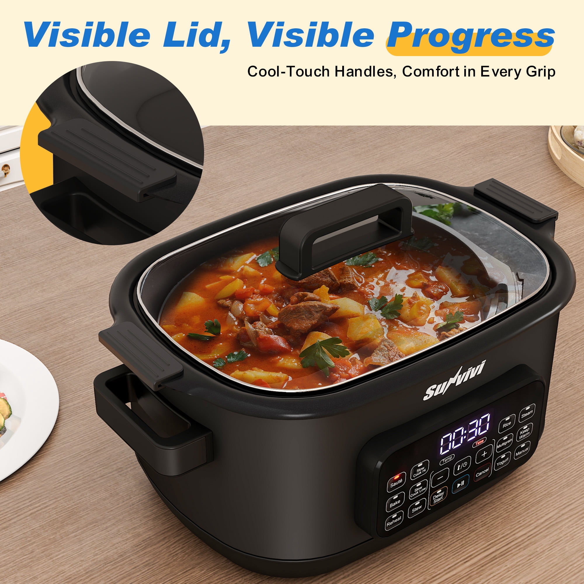 Sunvivi 12-in-1 Digital Programmable Slow Cooker, 6.5 QT Large Multicooker, Multi-Cooker with Timer, Temp Control, Black