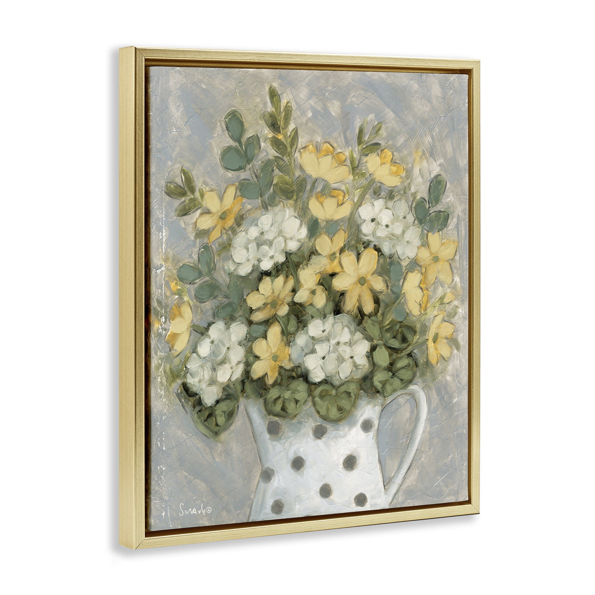 Stupell Industries Farm Fresh Bouquet Dotted Vase Gold Framed Floater Canvas Wall Art, design by Sara G. Designs