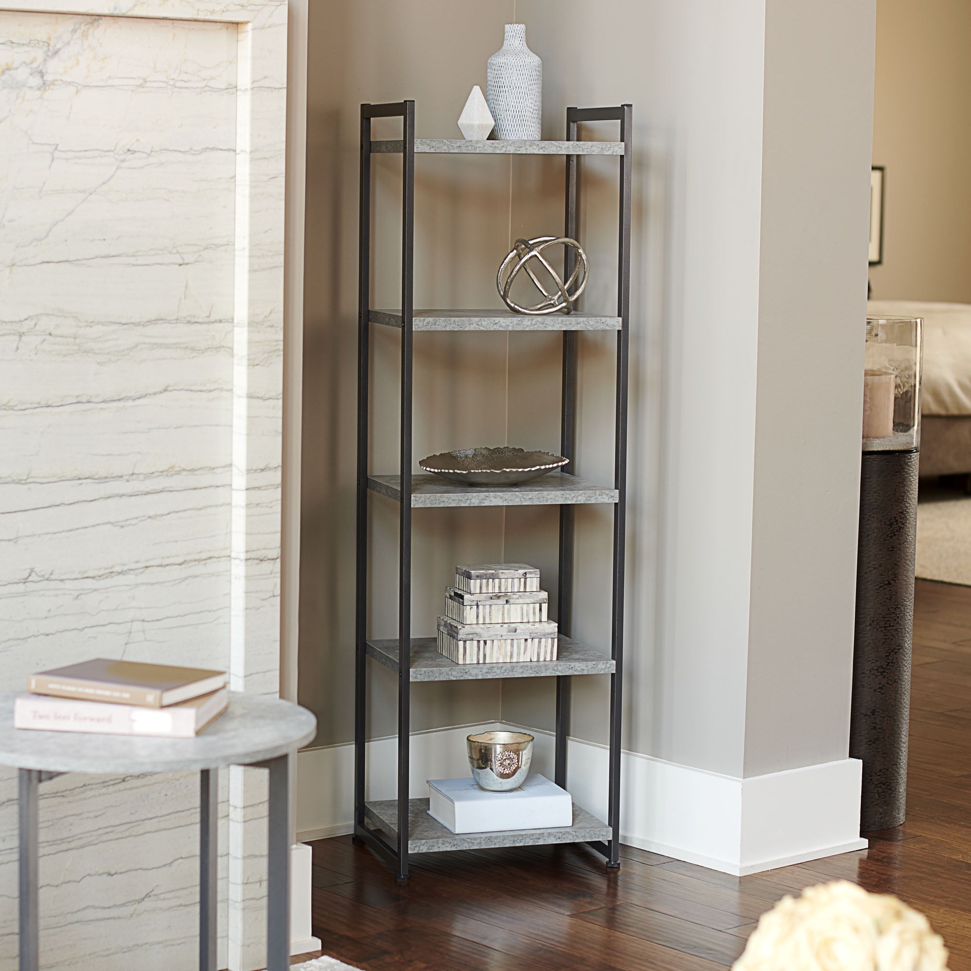 Grey Wooden Wall Corner 5-Tier Bookshelf Bookcase Accent Etagere Gray Display 