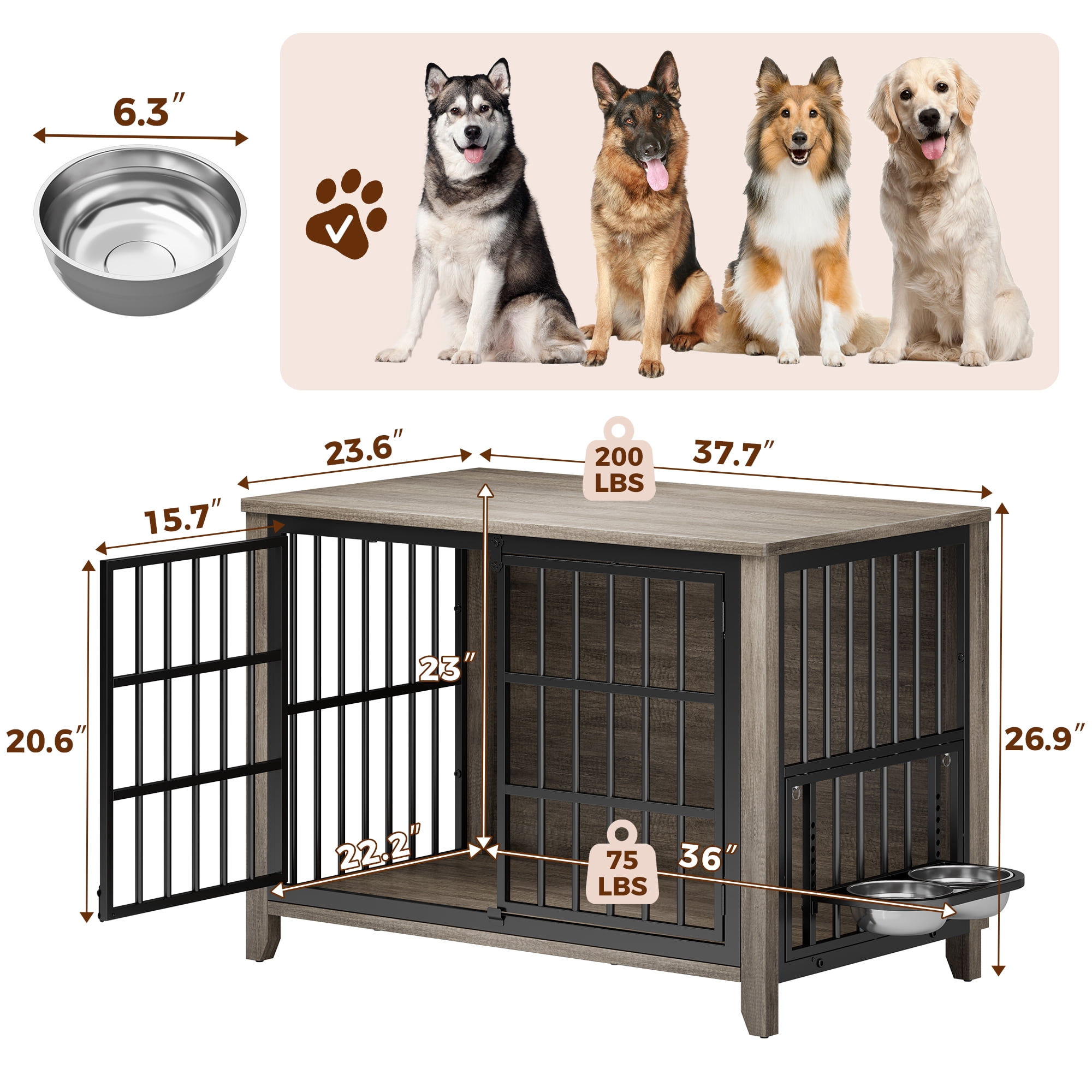 Aufeile Dog Crate with 2 Adjustable Dog Bowls, 37.7" Dog Kennel for Inside, Ideal for Medium to Large Breeds Up to 75 lbs, Gray