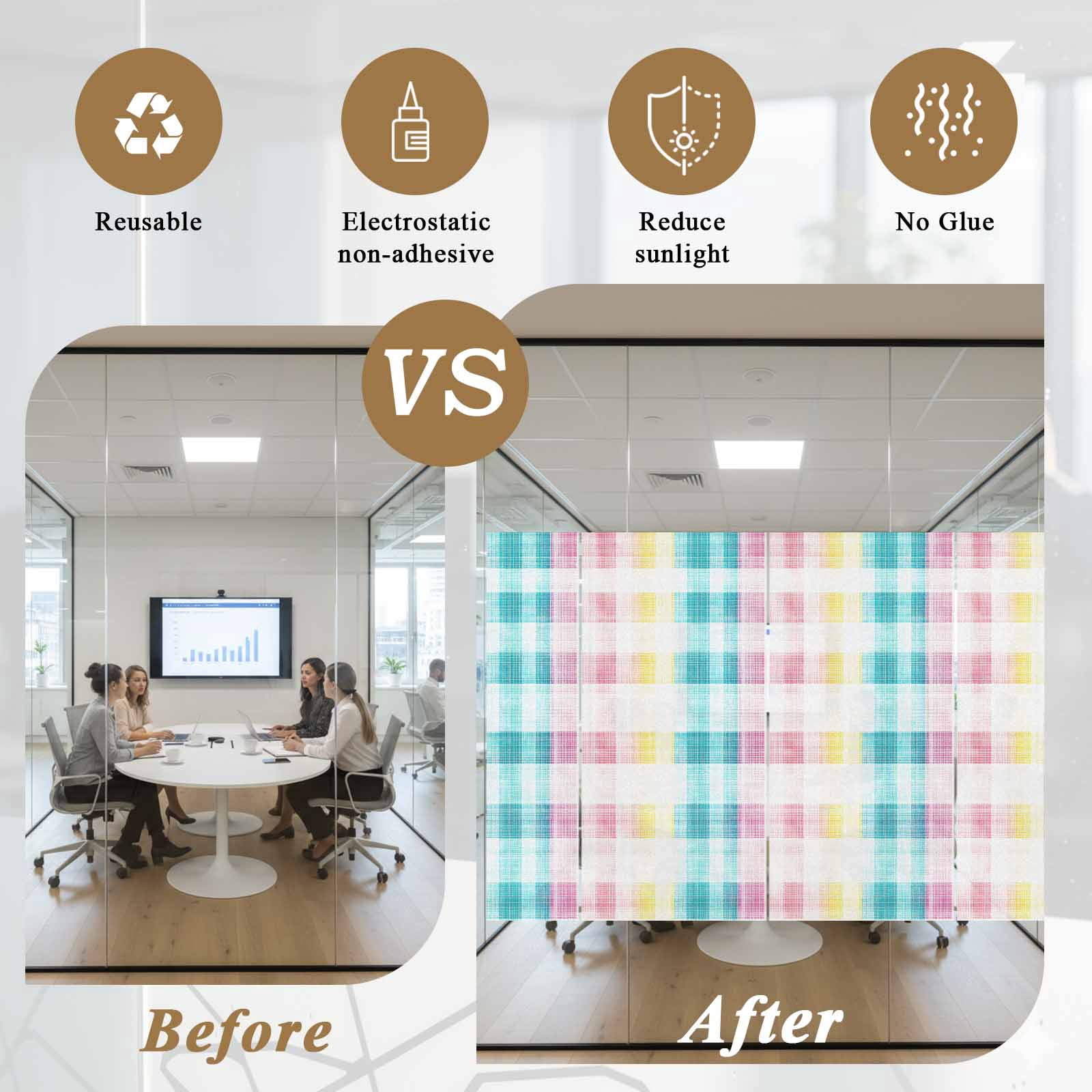 Happy Easter Window Privacy Film, Watercolor Gradient Pink Blue Yellow Buffalo Plaid Frosted Glass Window Clings Static Cling UV Heat Blocking Reusable Door Sticker for Bathroom 23.6 x 59 Inch