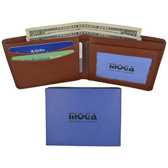 Men's Slim Bifold Wallet Genuine Leather Thin Wallet for Men With ID Window by Moga (Tan)