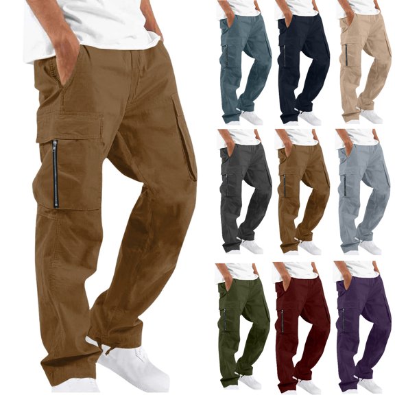 fheaev Cargo Pants for Men Elastic Waist with Multi Pockets Straight Leg Outdoor Gym Work Casual Pants Brown,L