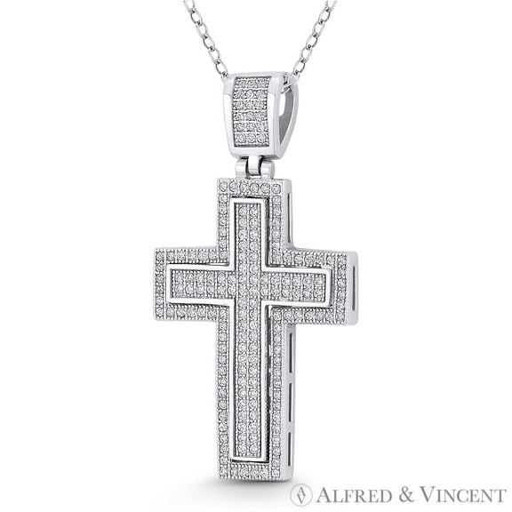 Latin Cross Cubic Zirconia CZ Crystal Pave 40x21mm (1.6x0.8in) Christian Pendant in .925 Sterling Silver w/ Rhodium