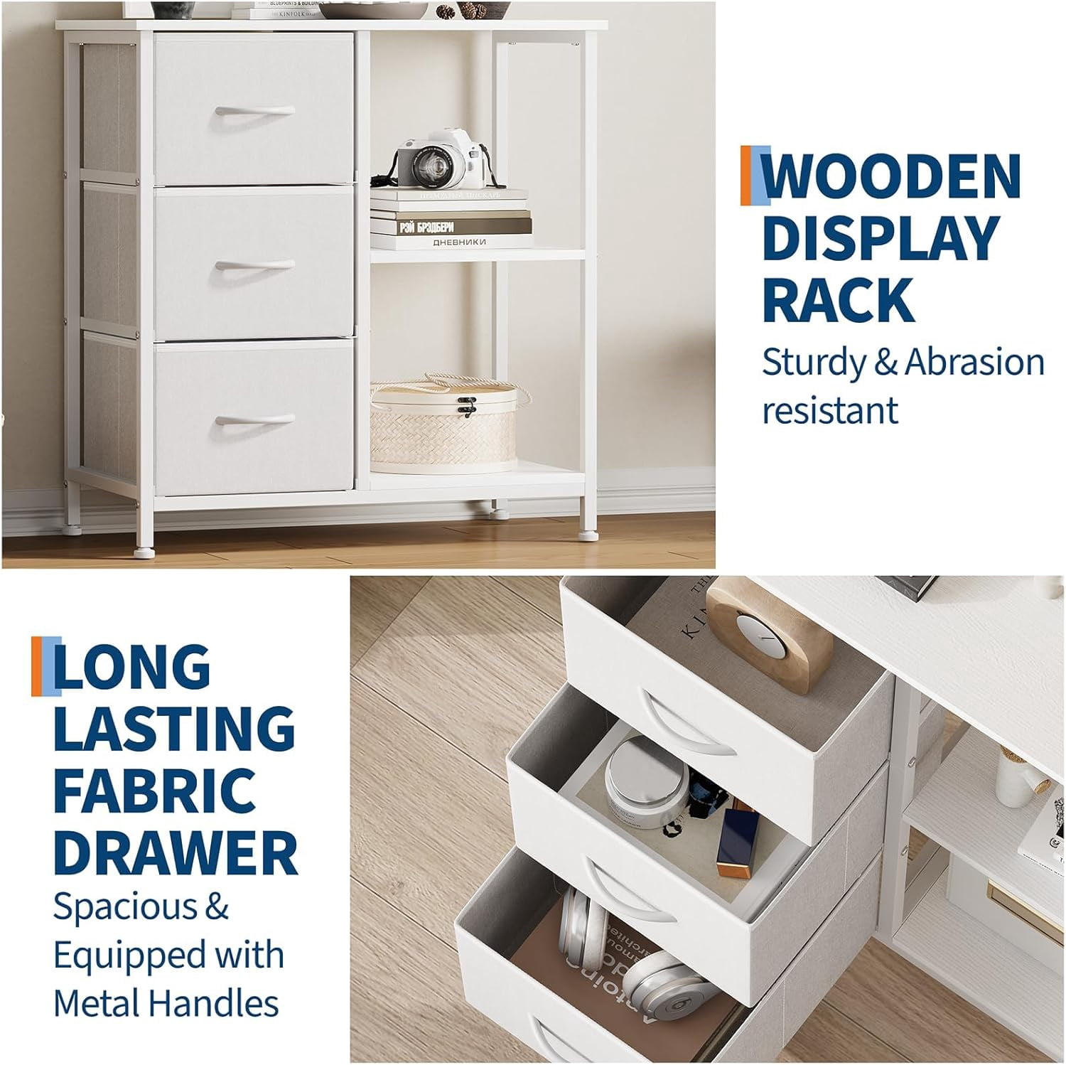 Multifunctional 3 Fabric File Cabinet with Open Storage Shelf – Printer Stand & Bedside Table – Sturdy Steel Frame – Home Office Organizer – White
