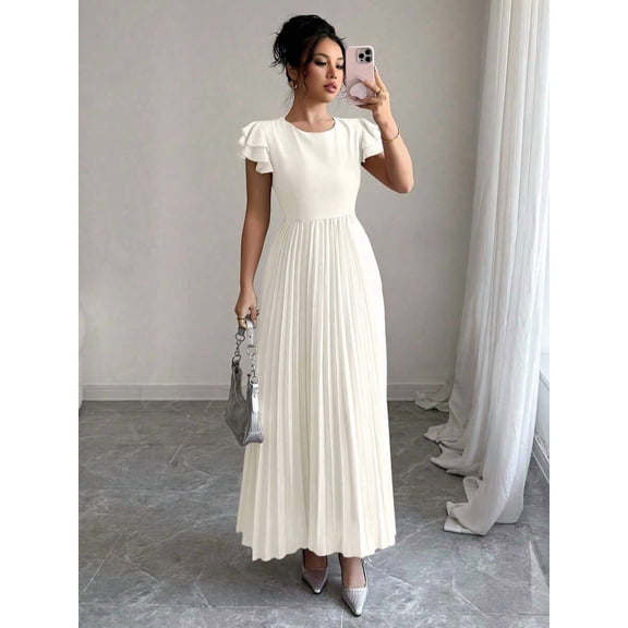 Apricot Women Ruffle Sleeve Pleated Maxi Dress With Scoop Neck And Relaxed Fit