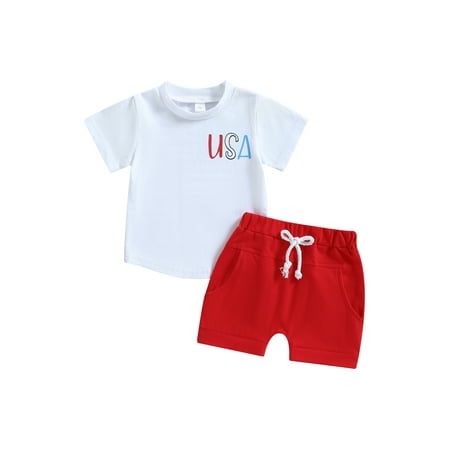 

Memorial Day Baby Boy Clothes Outfits UAS Patriotic Short Sleeve Tee Shirts and Summer Red Shorts Set