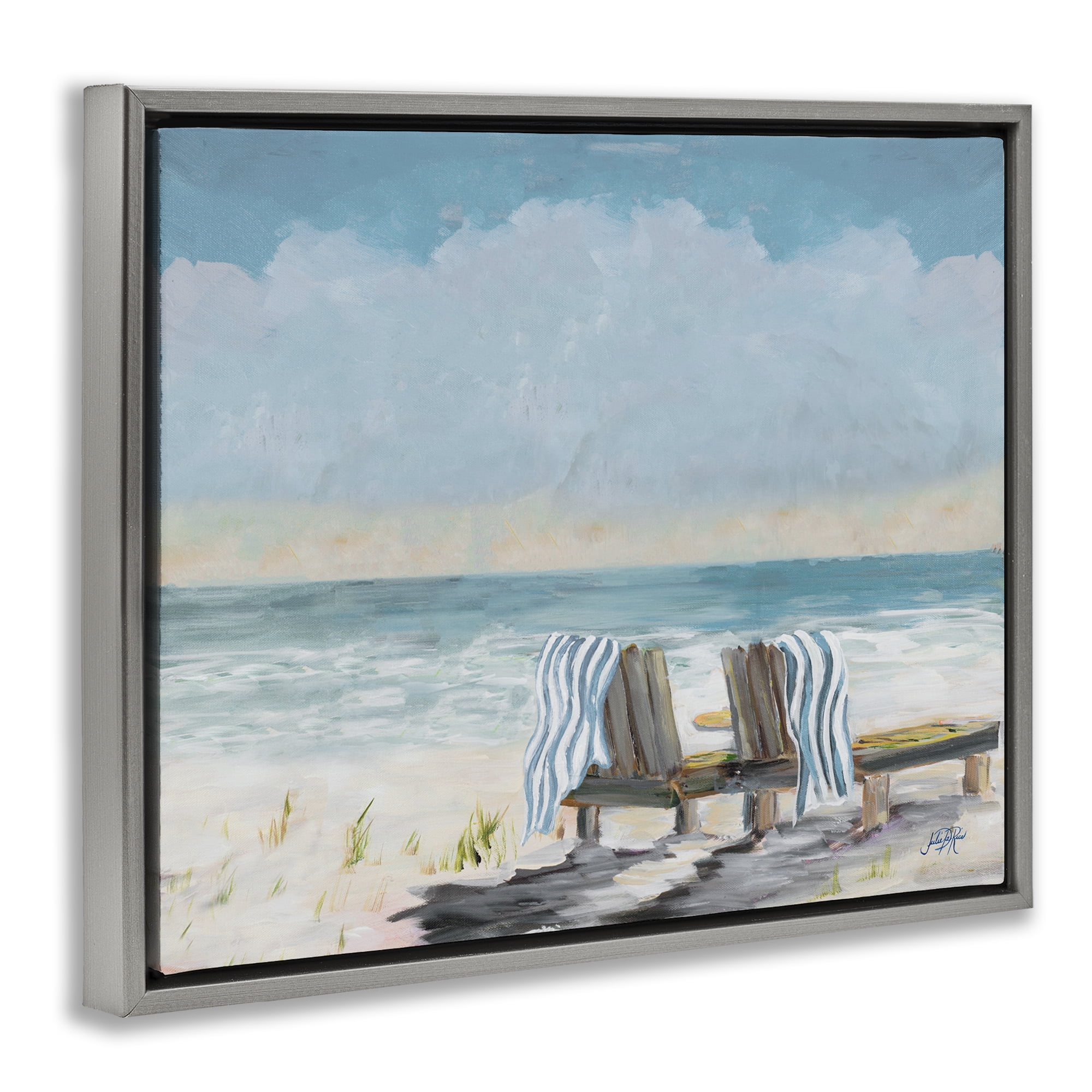 Stupell Industries Peaceful Beach Chairs Landscape Painting Gray Floater Framed Canvas Art Print Wall Art, 21 x 17