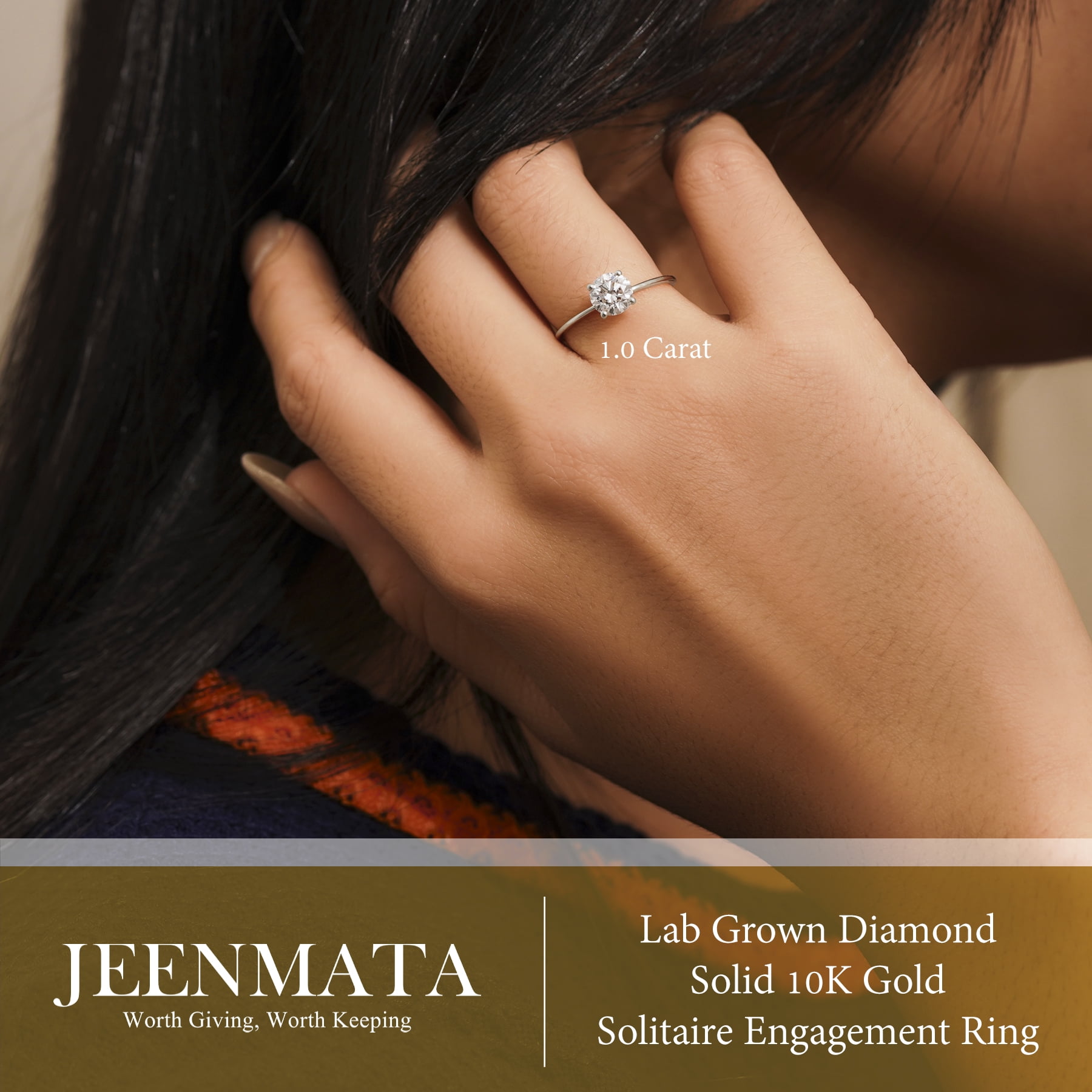 JeenMata Lab Grown Diamond 1 Carat Round Cut Solitaire Engagement Ring in Real Solid 10K White Gold for Women, Gift for Her, Female, Girlfriend