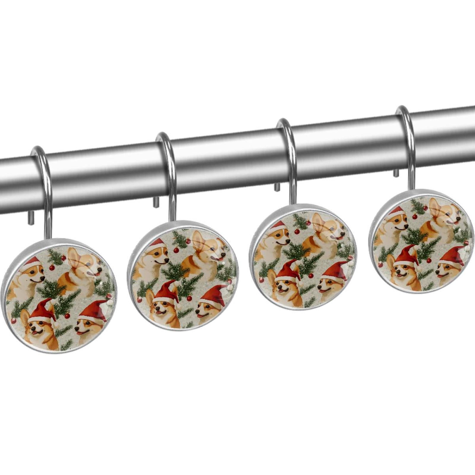 Santa Hat Corgi and Bells Shower Curtain Hooks Round Crystal Glass, Set of 12 Shower Curtain Rings - Shower Hooks for Curtain Shower Rings