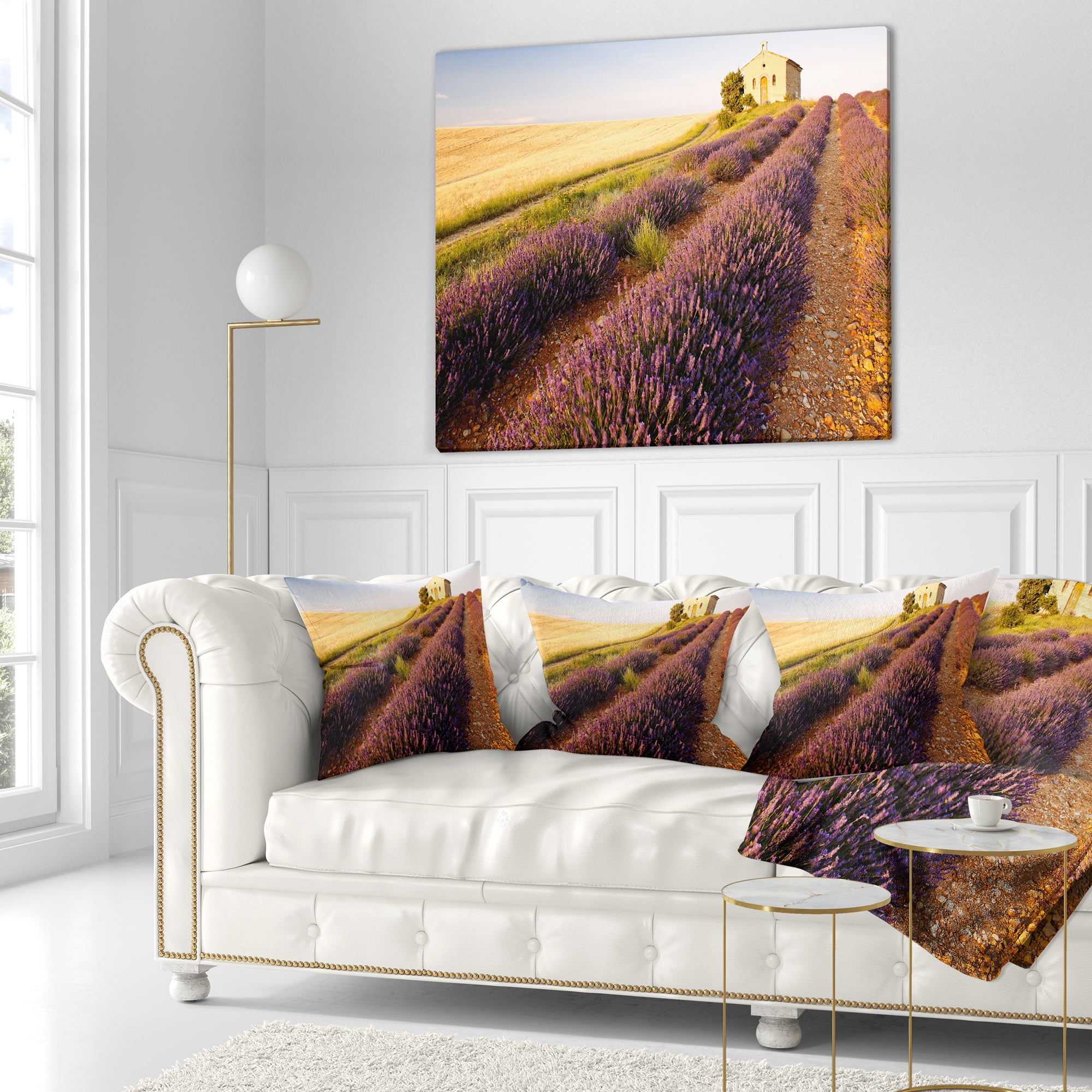 Designart Chapel with Lavender and Grain Field - Flower Throw Pillow - 16x16