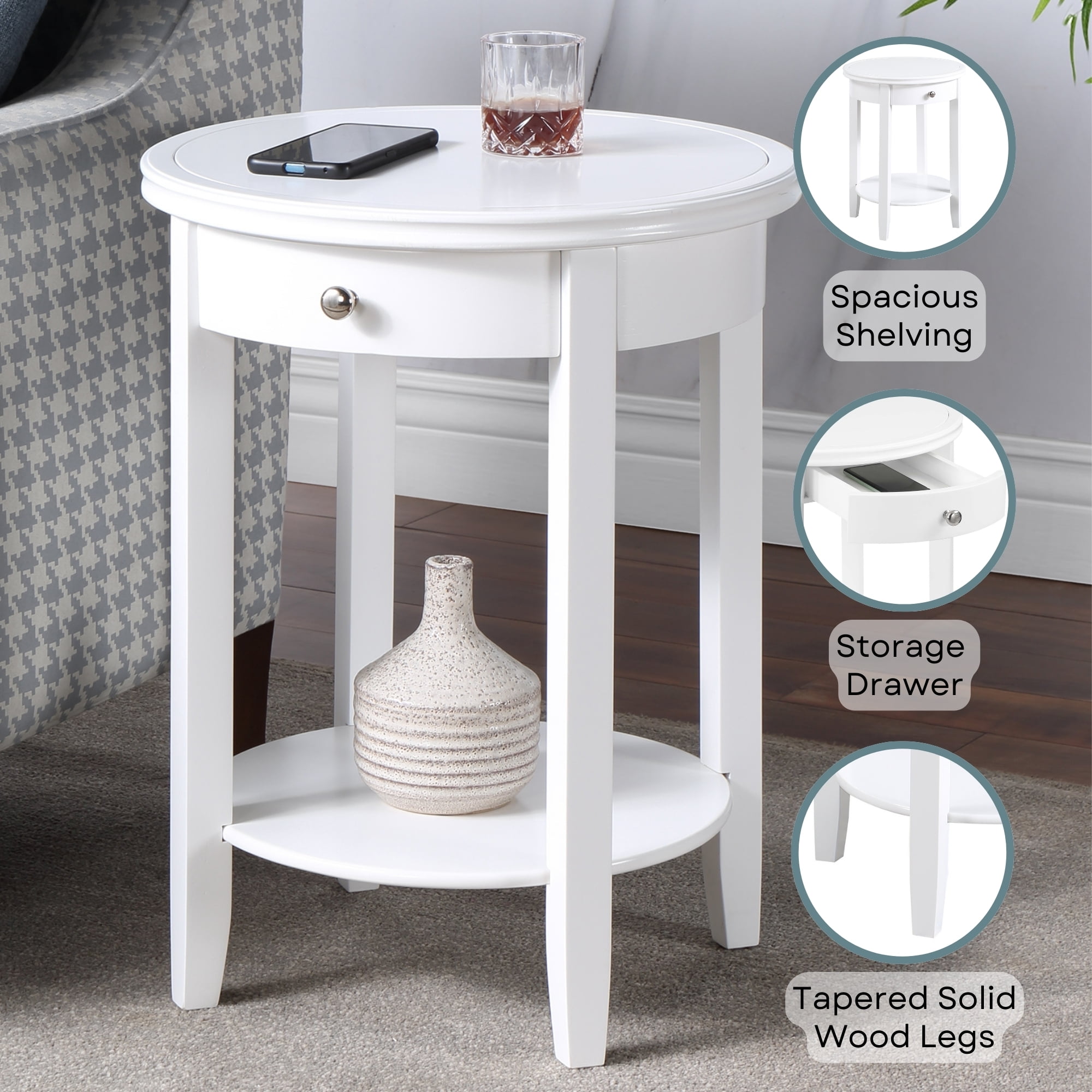 Convenience Concepts American Heritage Baldwin 1 Drawer End Table with Shelf, White