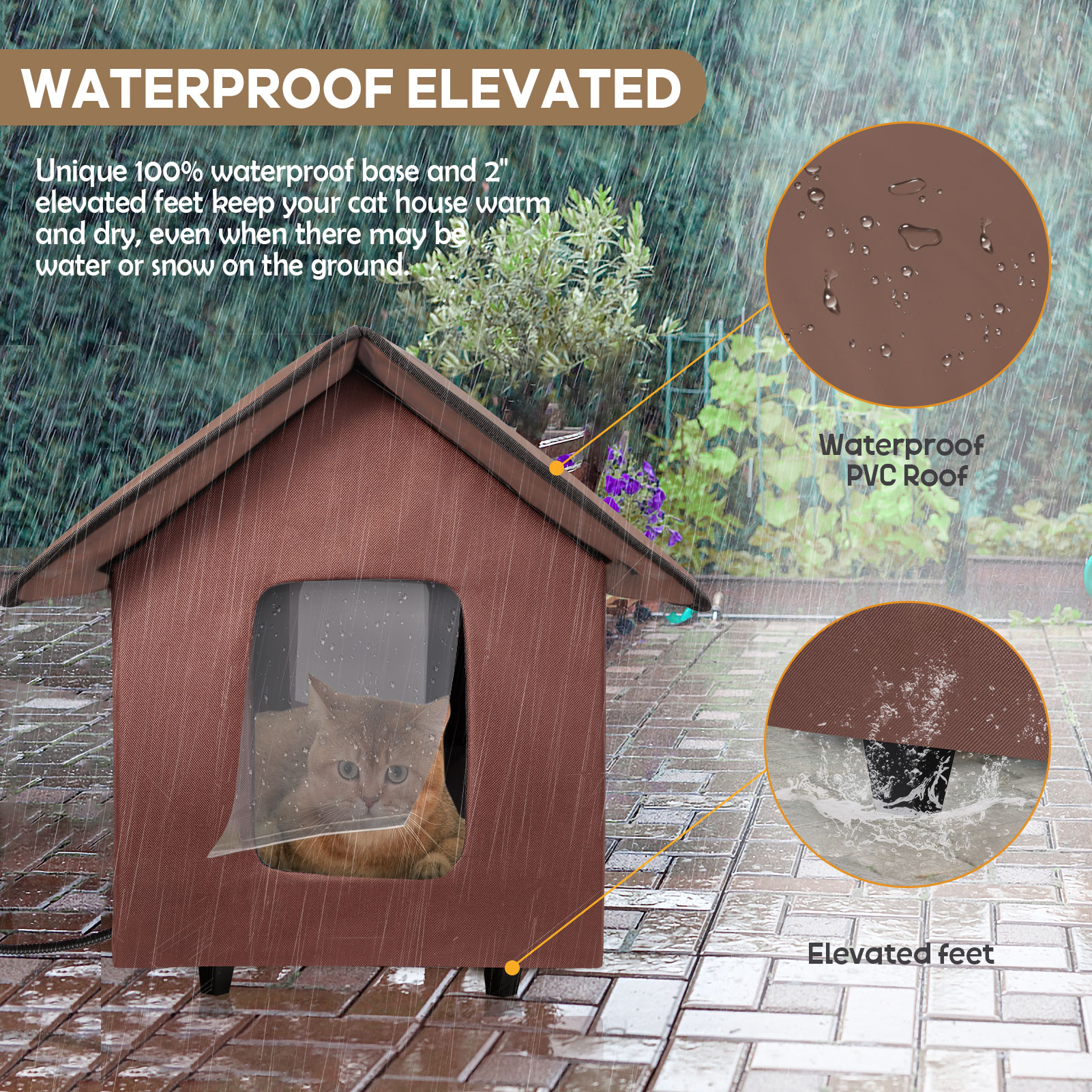 Heated Cat Houses for Outdoor Cats - Elevated Weatherproof Insulated Heated Outdoor Cat House for Winter - Feral Cat Shelter for Outside Cats - Outdoor Heated Cat House (Brown)
