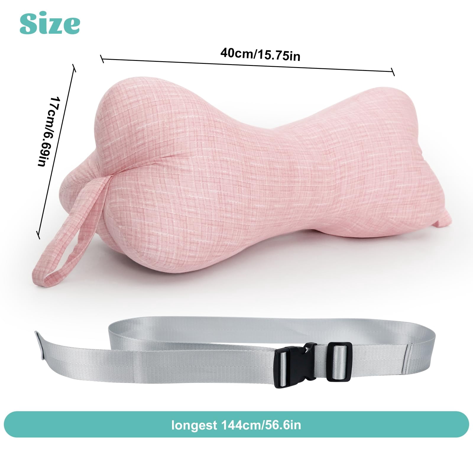 RoamReady Dog Bone Neck Pillow, Fixed Rope Loops Chiropractic Support, Travel Driving Lumbar Comfort, Adult Pink
