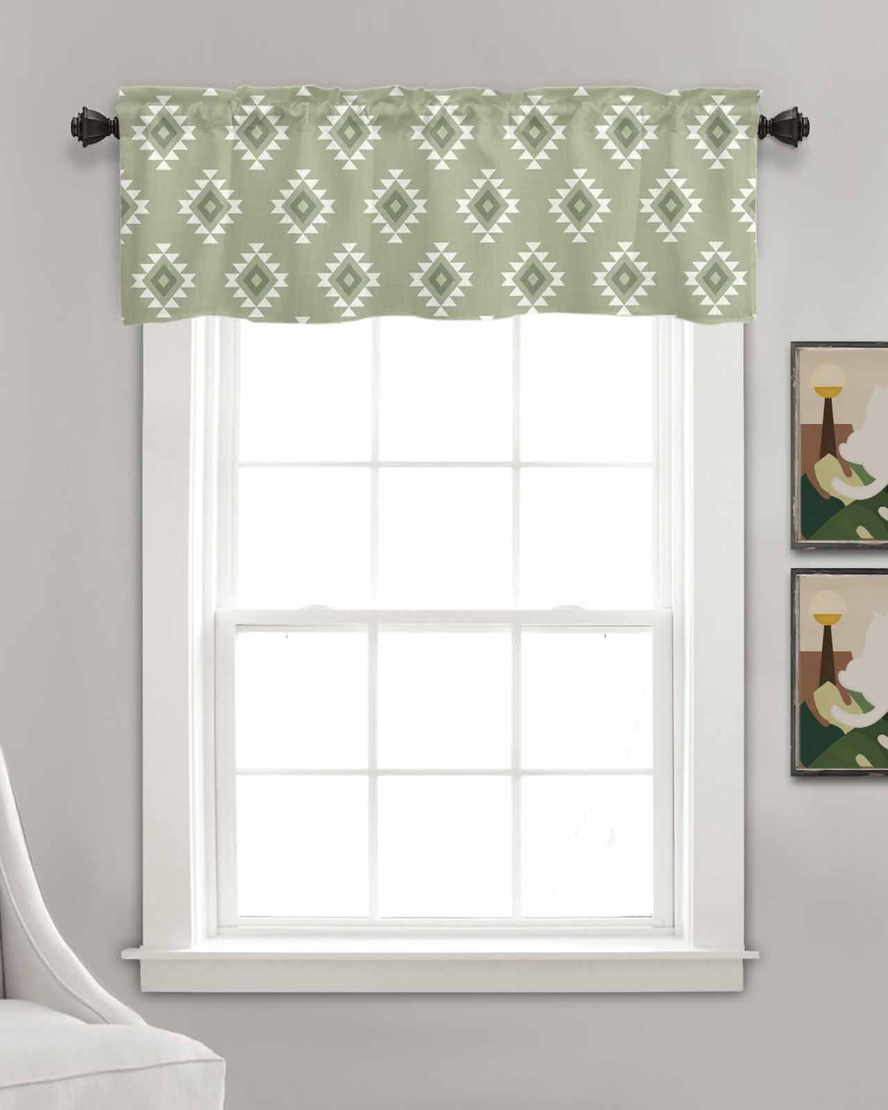 Sage Green Boho Geometric Kitchen Valances for Windows Farmhouse Linen Window Valance Curtain for Living Room Window Treatment Country Abstract Pattern Valance Rod Pocket Topper Drape, 60 x 18 Inch