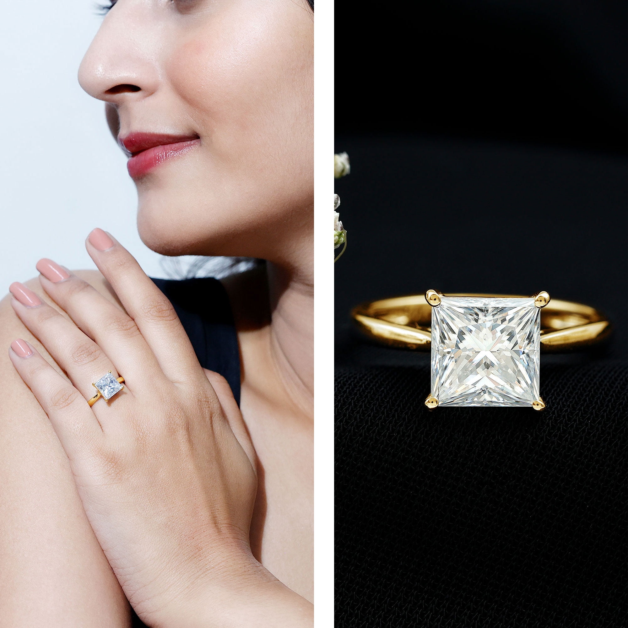 Rosec Jewels Princess Cut Moissanite Solitaire Engagement Ring for Women (2 Ct, 7 mm, D-VS1 Grade), 10K Yellow Gold, US 6.00
