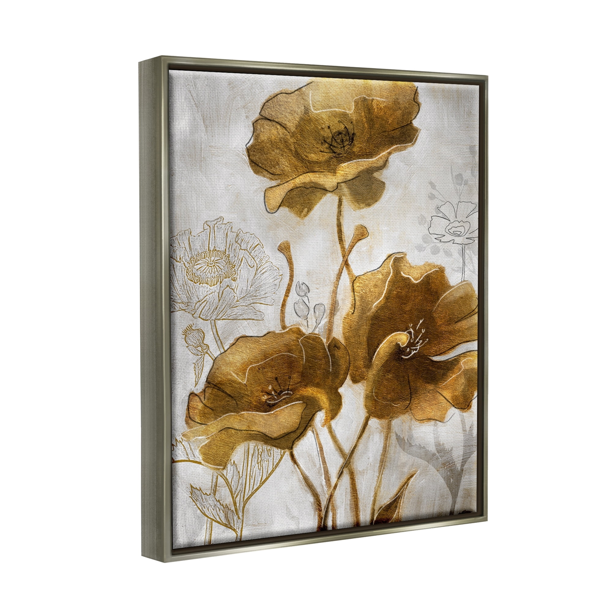 Stupell Industries Silver and Gold Poppies Abstract Flower Field Luster Gray Framed Floating Canvas Wall Art, 16x20, by Studio W