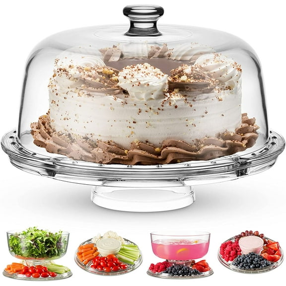 Cake Stand and Serving Plate Platter with Dome Lid, 6 in 1 Multi-Purpose Use, Crystal Glass Footed Cake Stand, Salad Bowl, Cake Plate, Fruit Platter