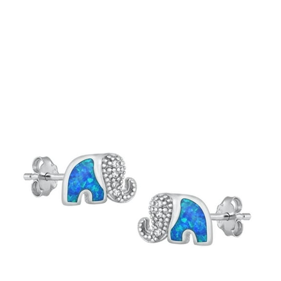 Sterling Silver Elephant Blue Simulated Opal Clear Cubic Zirconia Earrings 925 New Jewelry Female