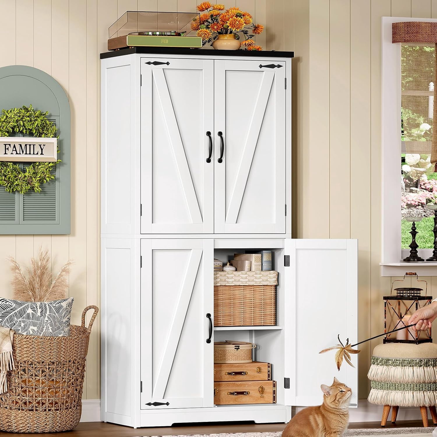58" H Storage Cabinet with Adjustable Shelf, Farmhouse Kitchen Pantry Cabinet, Bathroom Cabinet with 4 Doors, Cupboard for Kitchen, Bathroom, Living Room