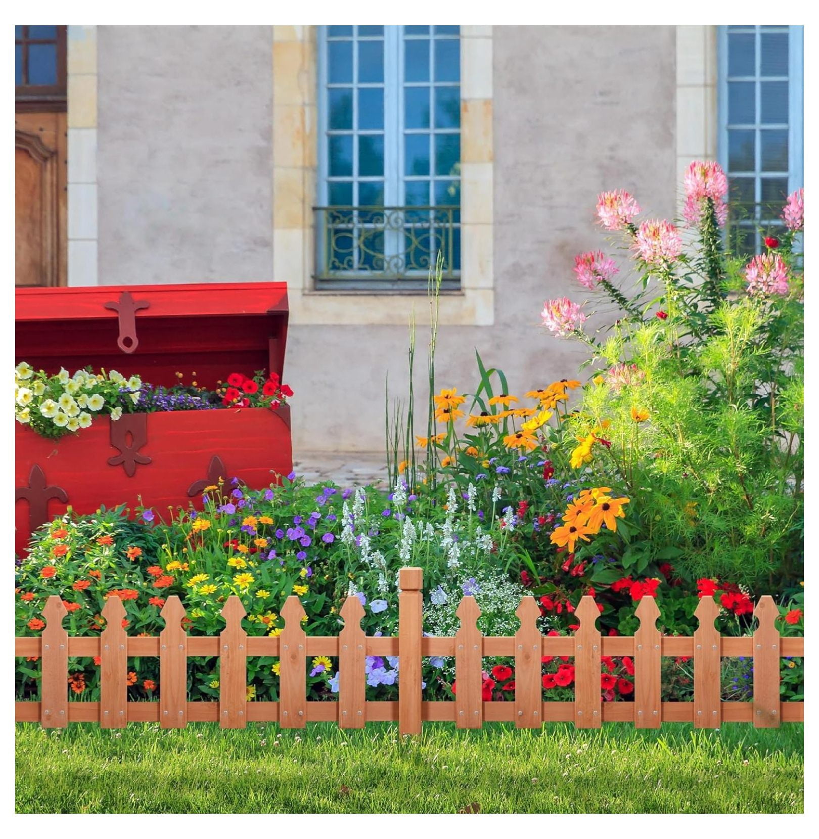 Wood Picket Garden Fence Edging Fencing Garden Yard Border Edging Panels Posts Flower Plants Pool Fences-177.5 in