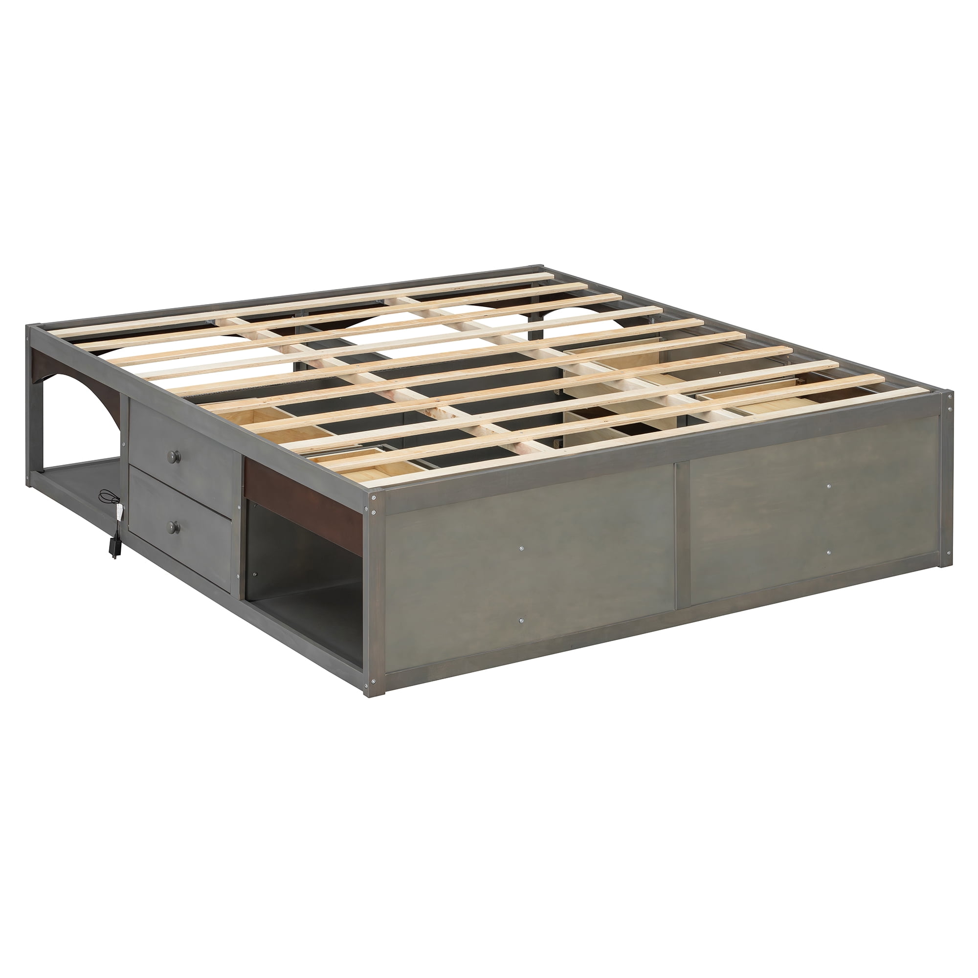King Size Platform Bed with 2 Storage Drawers, Lighted Under-Bed Open Pet Space, No Headboard