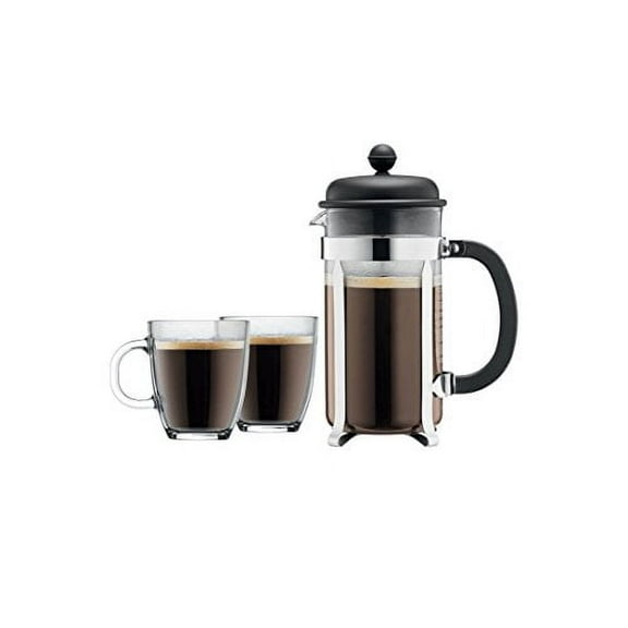 Bodum Caffettiera French Press Coffee Maker, 8 Cup, 1 Liter, 34oz with 2 Glass Mugs, 0.35 Liter, 12oz