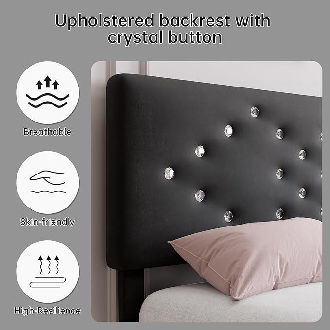 Full Size Bed Frame with Headboard, Upholstered Platform Bed Frames Full Size with Crystal Diamond Tufted for Teen Easy Assembly, Wooden Slats Support, No Box Spring Needed, Black