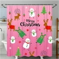 thumbnail image 1 of Charming Pink Christmas Shower Curtain with Snowmen Reindeer & Trees Festive Holiday Decor, 1 of 5