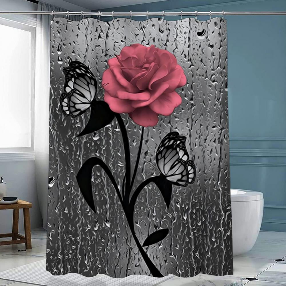 Bathroom Shower Curtains, Pink Rose Flower Butterfly Raindrop