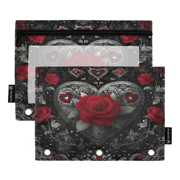 2 Pack 3 Ring Binder Pouch with Clear PVC Window Water Resistant Zipper Pencil Pouch Silver and Bright Red Roses Binder Pocket for Classroom Office Home Stationery Organization