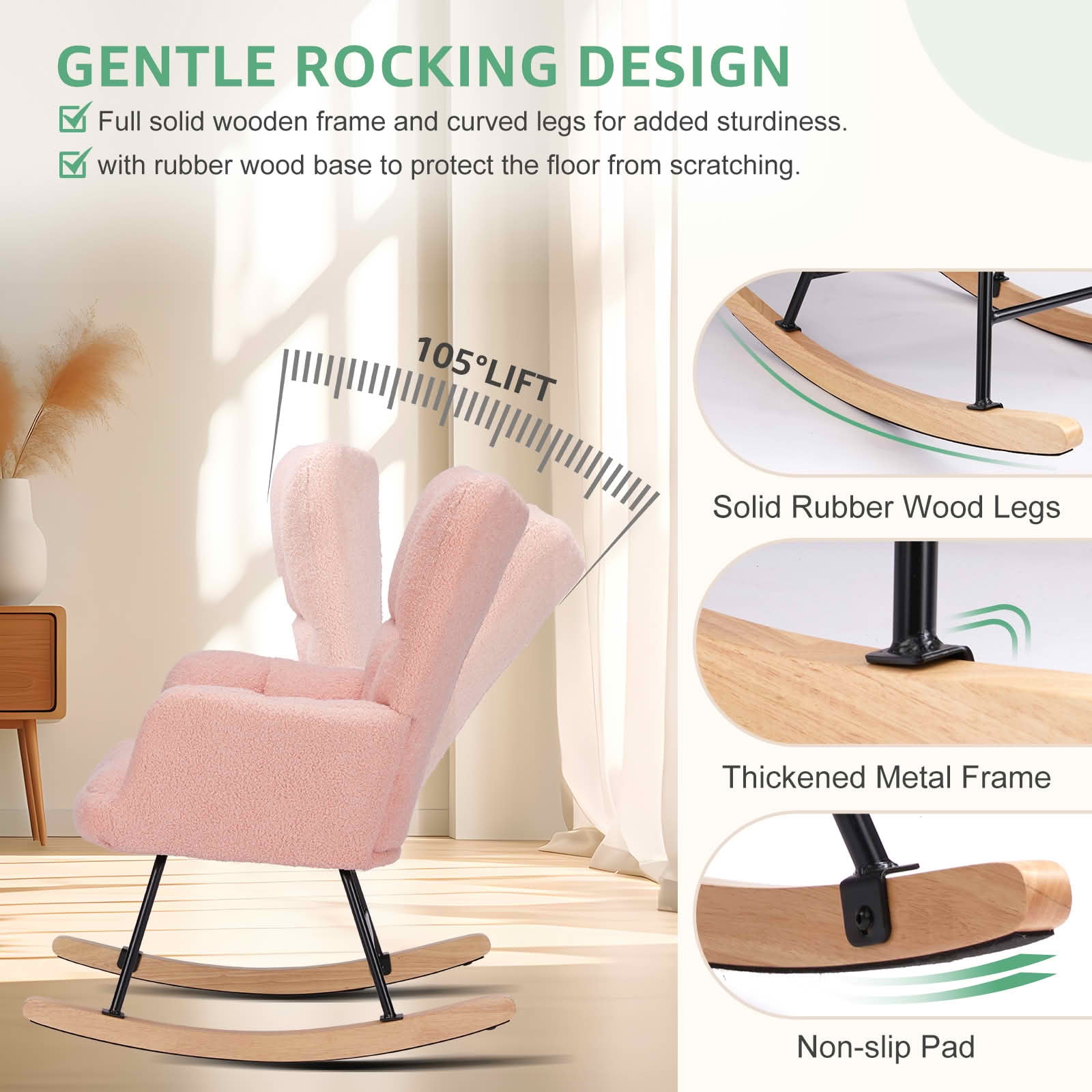 MAYEERTY Teddy Upholstered Modern Glider Rocker High Backrest Reading Chair for Nursery Bedroom Living Room