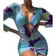 thumbnail image 4 of Conjunto de bikini para mujer, traje de baño elegante de 2 piezas para playa, traje de baño de malla transparente, prendas de vestir de manga larga, estampado en azul M, 4 of 6