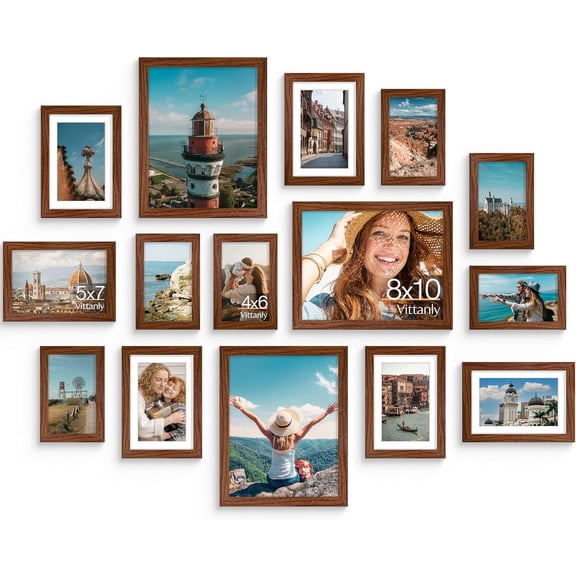 15 Pack Picture Frames Collage Wall Decor, Multi Sizes Including 3pcs 8x10, 6pcs 5x7 and 6pcs 4x6 Photo Frames, Gallery Frame Set for Wall or Tabletop Display, Walnut Brown