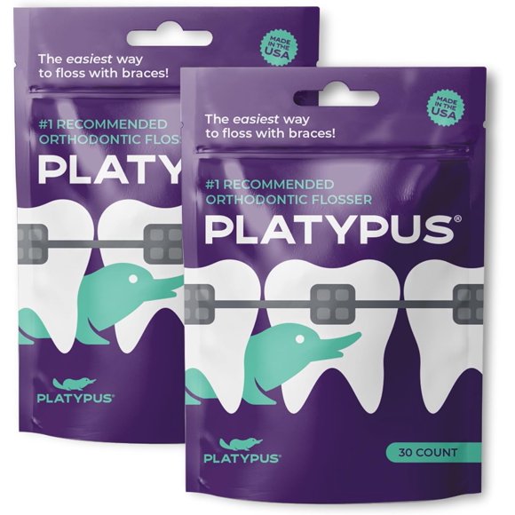 Platypus Orthodontic Flossers for Braces \u2013 Unique Structure Fits Under Arch Wire, Floss Entire Mouth in Less Than Two Minutes, Increases Flossing Compliance Over 84% - 30 Count Bag (Pack of 2)