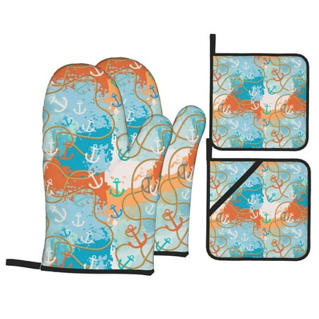 

Oven Mitts and Pot Holders Sets 4 pcs anchors Wavy lines ropes cool Non-Slip Oven Gloves Potholders Soft Quilted Lining Heat Resistant Gloves Hot Pads for Kitchen Cooking Baking