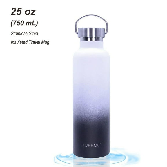 UUFFOO 25oz Stainless Steel Travel Mug, 750mL Double Wall Insulated Thermos Water Bottle with Lid, Black White