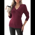 thumbnail image 2 of Suéteres de Larga con Cuello en V para Mujer, Suéteres Cruzados y Fruncidos, Blusas de Otoño Vino Tinto L, 2 of 8