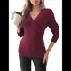 thumbnail image 2 of Suéteres de Larga con Cuello en V para Mujer, Suéteres Cruzados y Fruncidos, Blusas de Otoño Vino Tinto L, 2 of 8