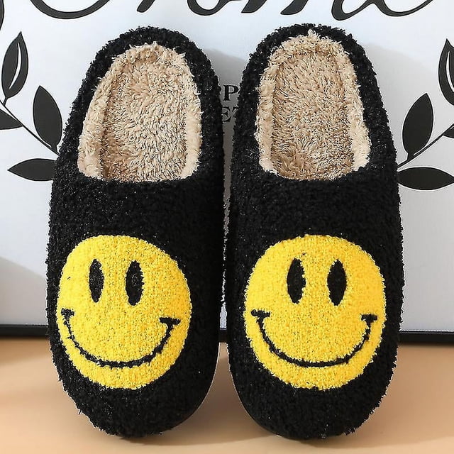 39-40 Zapatillas antideslizantes cálidas y cómodas de felpa suave con cara sonriente retro para parejas, suministro interior cálido de invierno