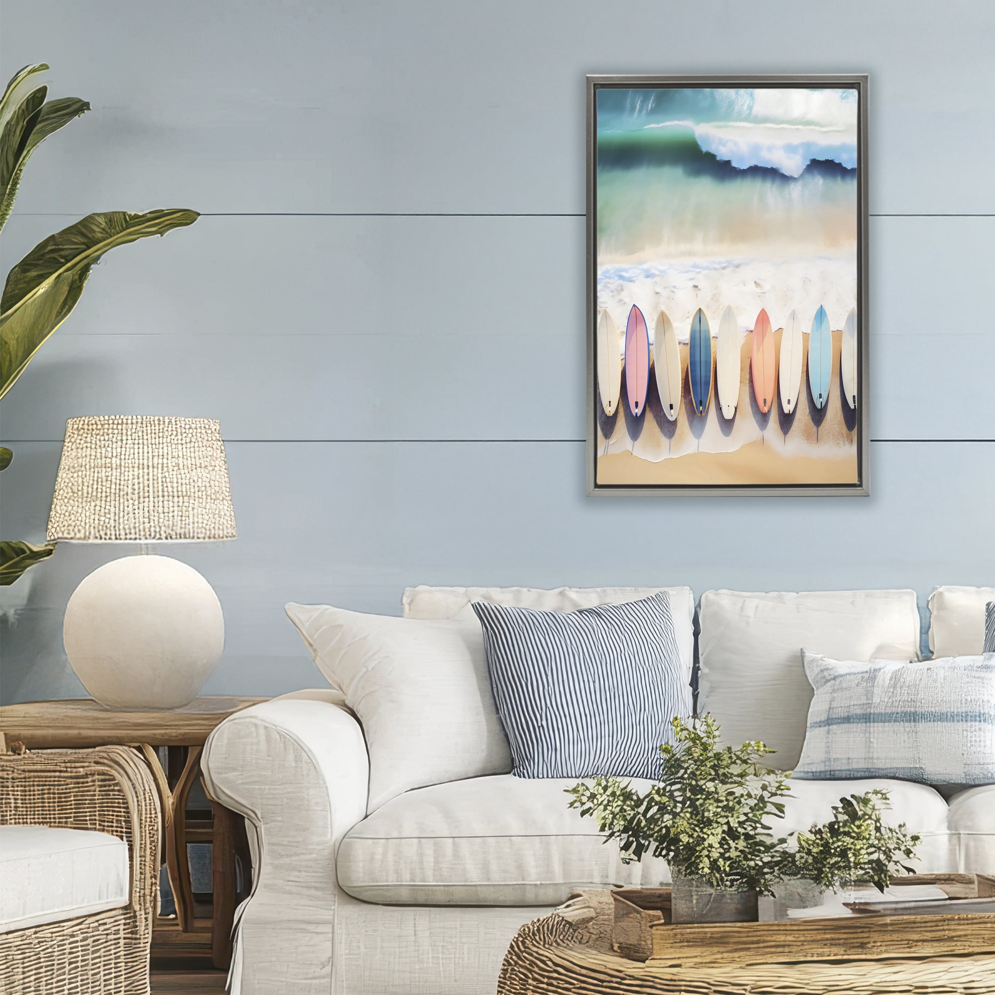 Stupell Industries Aerial View Surfboards Shoreline Gray Framed Floater Canvas Wall Art, design by Creative Studio